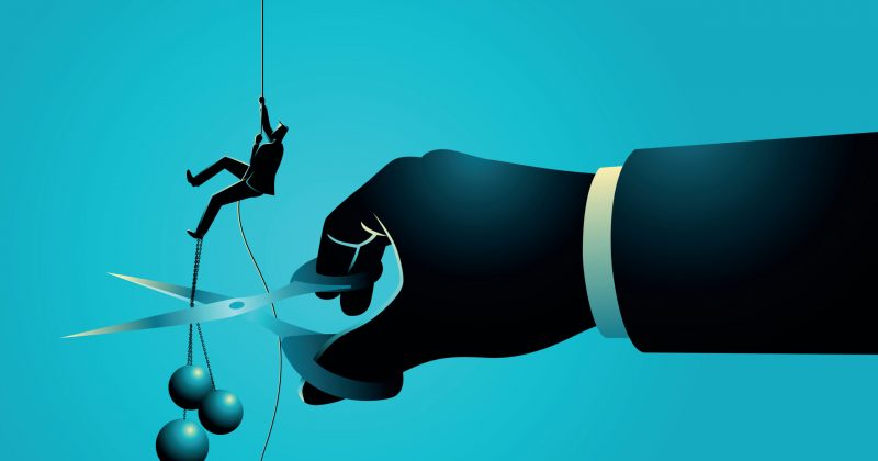Illustration of large hand cutting off heavy burden from rope man is climbing